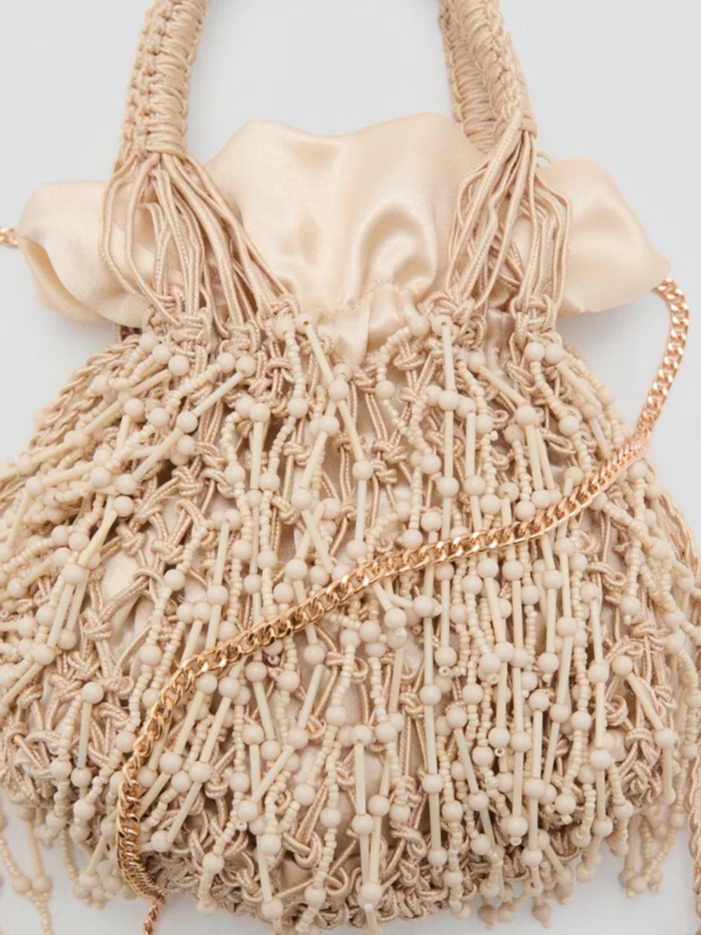 Mango Beige Beaded Macramé Mini Drawstring Bag with Gold Chain